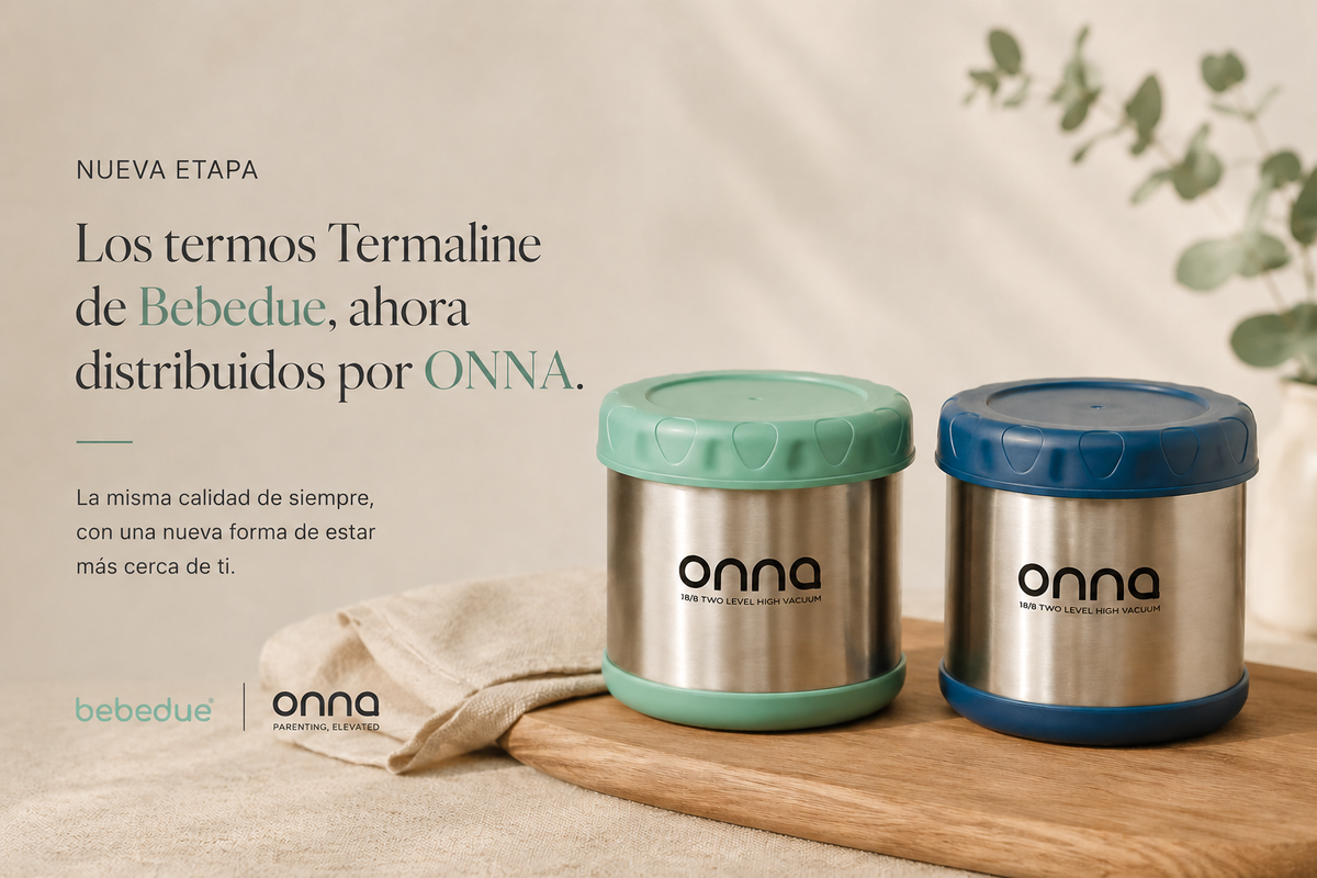 Termos para alimentos Termaline de Bebedue distribuidos por ONNA, en acero inoxidable con detalles en verde menta y azul.