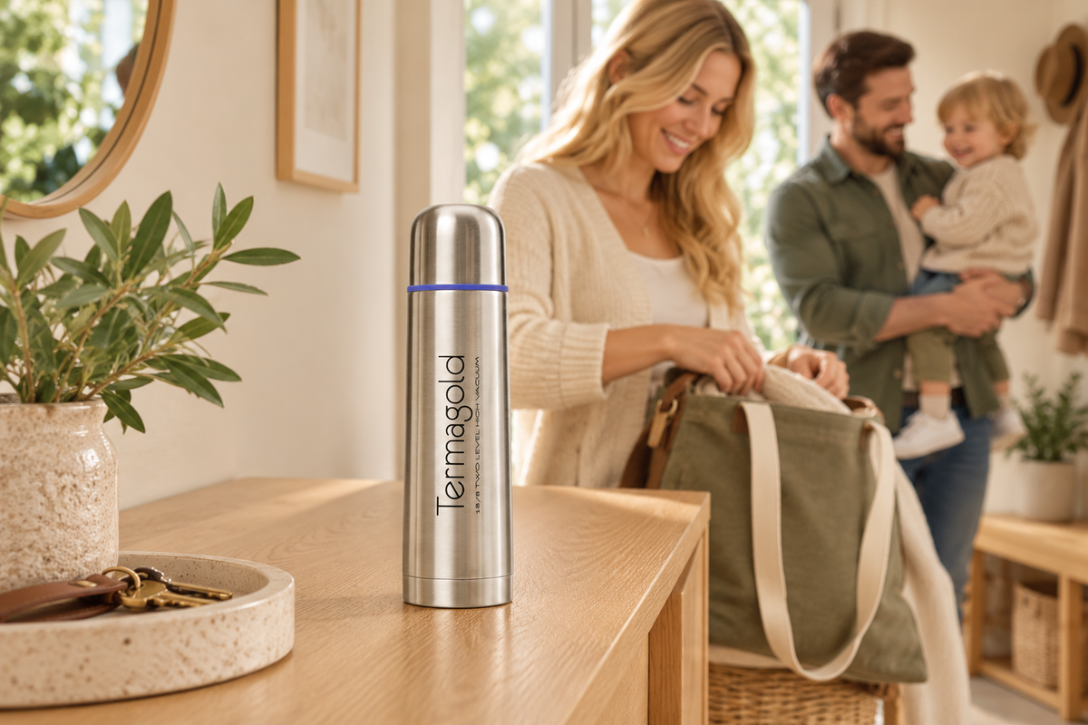 Termo para Líquidos 500 ml en una escena lifestyle familiar con materiales naturales y luz cálida.