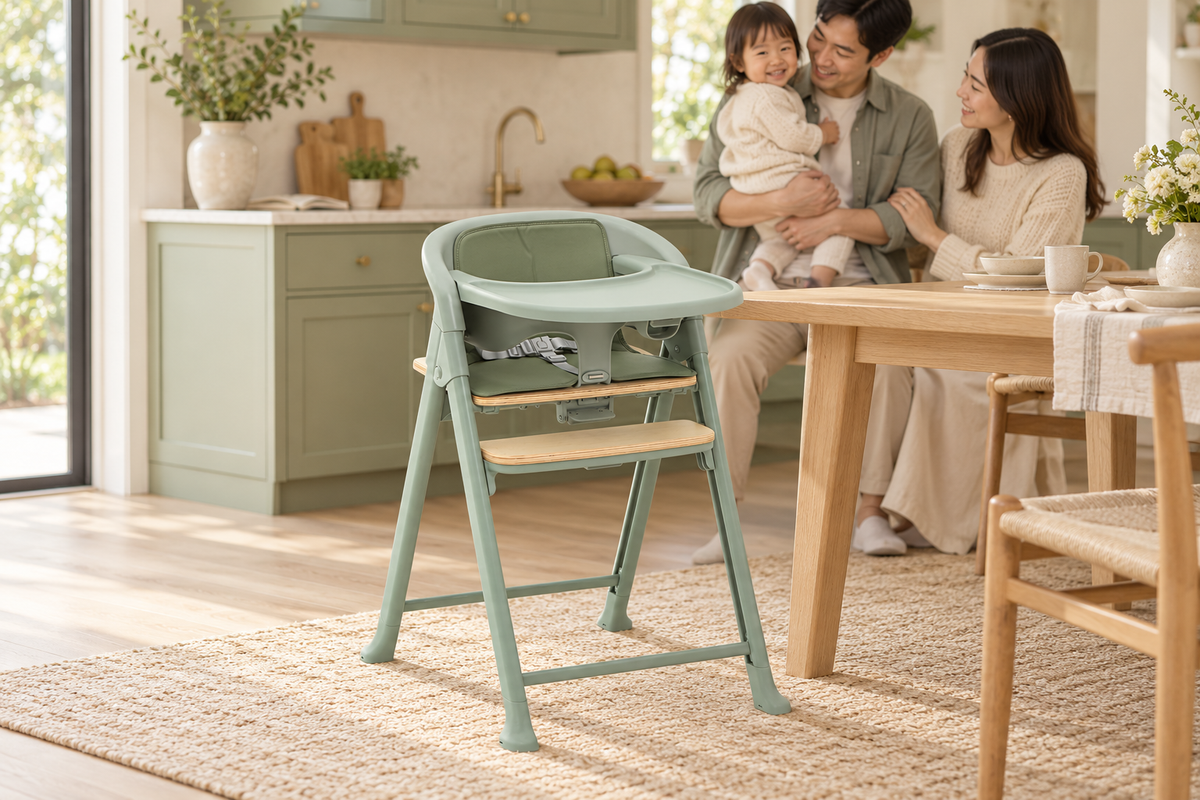 Trona evolutiva 3 en 1 Vida en una escena lifestyle familiar con materiales naturales y luz cálida.